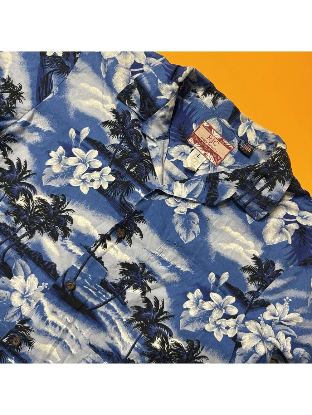 RJC Hawaiian Shirt Blue Palm Trees Floral Print Cotton USA Hawaii Made Men’s L